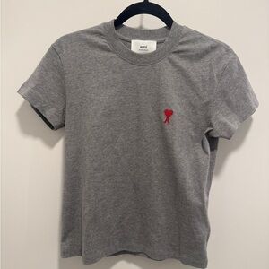 Ami Heather Gray Tee with Red Heart Accent
